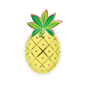 May include: A yellow and gold pineapple-shaped paper plate with a green leafy top. The plate has a white border and pink dots.