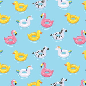 May include: A seamless pattern featuring various inflatable pool floats on a light blue background. The floats include a flamingo, a unicorn, a zebra, a duck, and a plain ring.