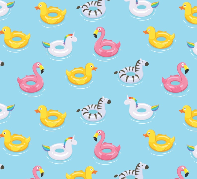 May include: A seamless pattern featuring various inflatable pool floats on a light blue background. The floats include a flamingo, a unicorn, a zebra, a duck, and a plain ring.