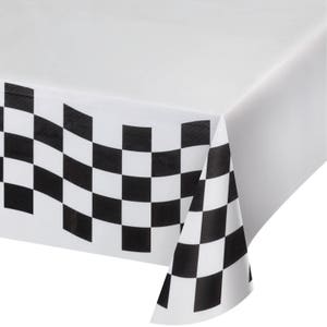 May include: White plastic tablecloth with a black and white checkered border. The border is a checkered flag design.