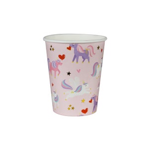 May include: Pink paper cups with a unicorn pattern. The cups feature unicorns with gold stars, hearts, and wings.