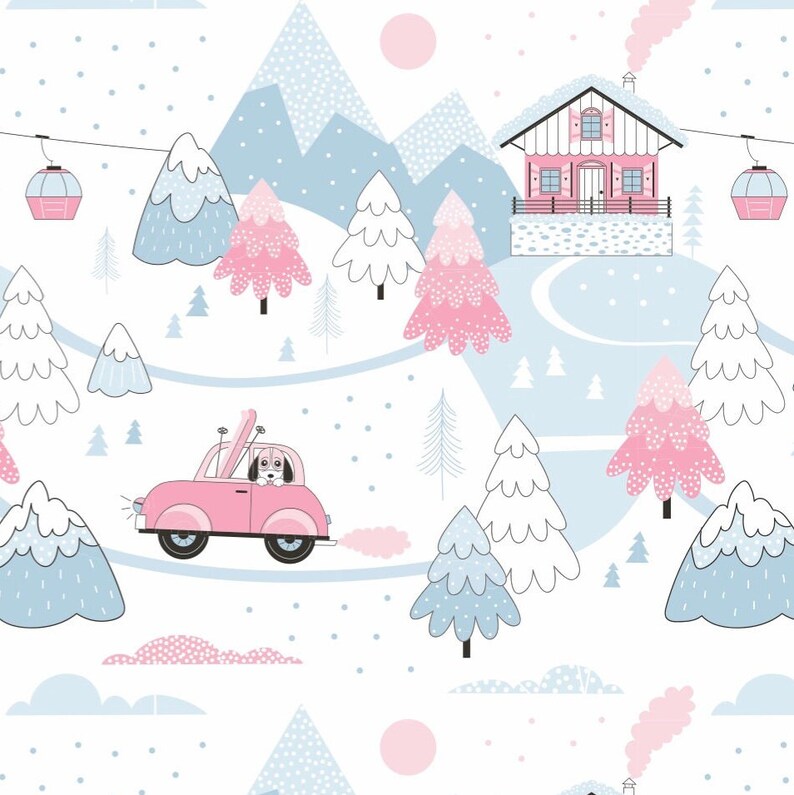 May include: A pink car with a dog inside drives through a snowy mountain landscape. The scene includes a pink and white chalet, blue and white mountains, and pink and white trees.