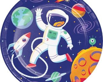 Pratos de sobremesa para festa espacial de 8 unidades – Pratos de bolo de astronauta de 7 polegadas para aniversário infantil, suprimentos para festa de galáxia, tema de foguete e planeta, festa espacial