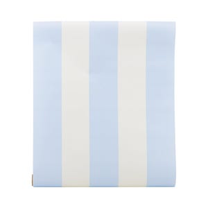 May include: A roll of wallpaper with alternating vertical stripes in pale blue and white. The stripes are of equal width and run the length of the roll. The wallpaper has a plain finish. The roll is partially unrolled, showing the design.