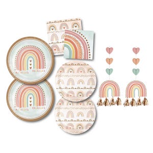 Boho Rainbow Party Supplies for 16 Guests – Plates, Napkins & Hanging Decorations for Girl Birthday or Baby Shower