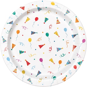 Party Hat & Balloon Dinner Plates 8ct – 8.75&quot; Paper Dinner Plates for Birthday Party, Rainbow Party, Colorful Birthday, Party Animals Theme