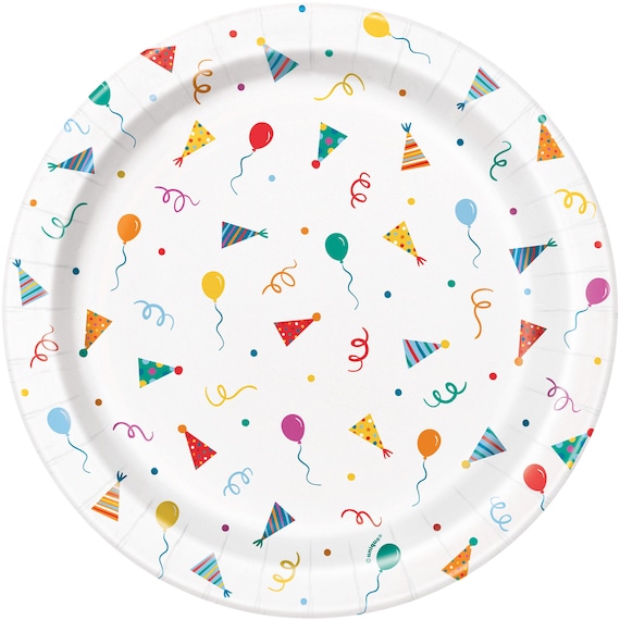 Party Hat & Balloon Dinner Plates 8ct – 8.75" Paper Dinner Plates for Birthday Party, Rainbow Party, Colorful Birthday, Party Animals Theme