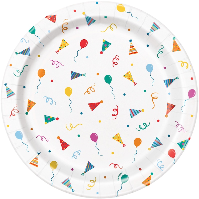 8.75" round white paper dinner plate with colorful party hats, balloons, confetti, and streamers scattered across the surface, 8 count