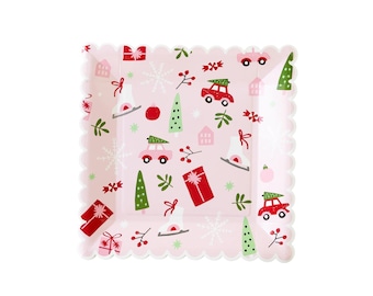 Platos navideños rosas (8 unidades) - Platos para fiestas navideñas rosas, platos de papel, cumpleaños de niña, ¡Qué divertido cumpleaños!