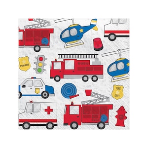 Tovaglioli per feste di trasporto - Tovaglioli di compleanno del primo soccorritore, forniture per feste per camion dei pompieri, decorazioni per compleanno della polizia, tovaglioli per camion dei pompieri