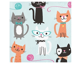 Cat Party Napkins (16ct) - Cat Party Decorations, Kitten Napkins, Birthday Napkins, Cat Birthday, Cat Party Supplies, Paper Beverage Napkins
