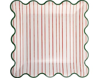 Christmas Striped Plates 8ct, Red Green Holiday Dinner Plates, 9” Scalloped Square Christmas Party Tableware, Festive Disposable Plates