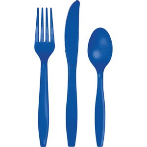 May include: A set of blue plastic cutlery, including a fork, knife, and spoon.