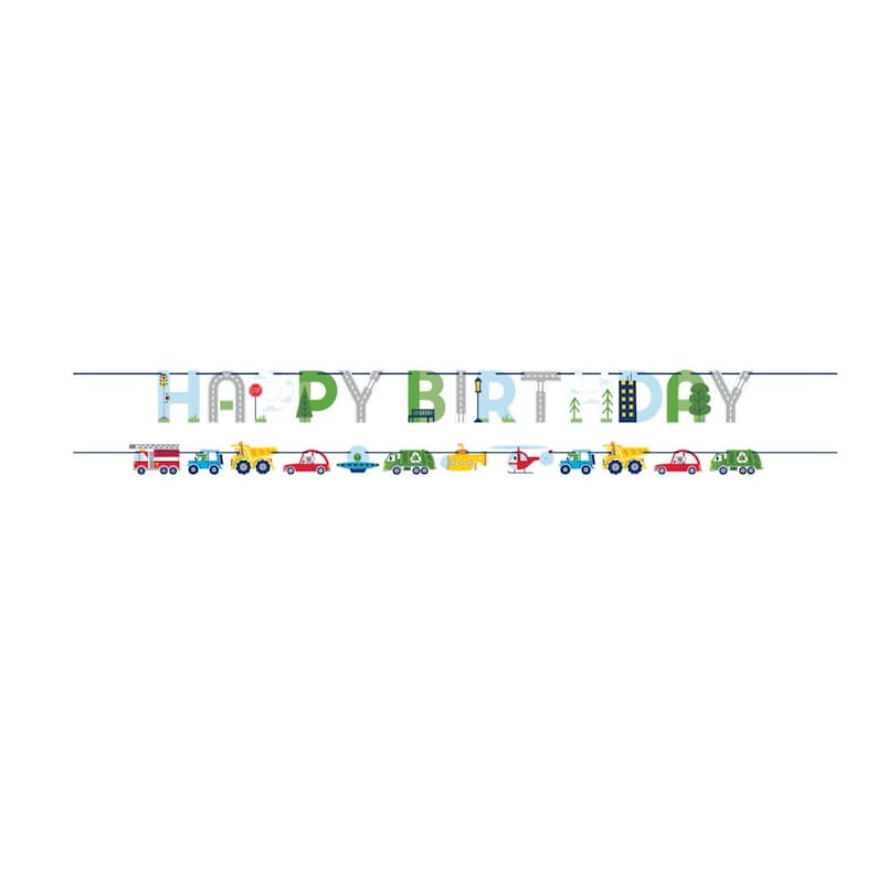 May include: A banner with the words "HAPPY BIRTHDAY" in colorful letters. The letters are decorated with road and tree designs. Below the text are illustrations of various vehicles, including a fire truck, cars, and a helicopter.