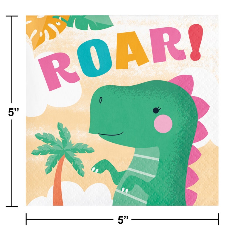 Puede incluir: Un dinosaurio verde con detalles rosas y una palmera sobre un fondo amarillo. El texto "ROAR!" est&aacute; escrito en letras de colores sobre el dinosaurio.