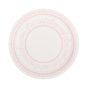 May include: White paper plate with a pink floral design. The plate has a scalloped edge and a pink border.