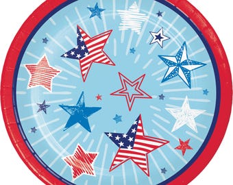 Stars & Stripes Party papieren taartborden 8 kt - Independence Day Party, 4 juli benodigdheden, Americana verjaardagsdecor, Memorial Day Party