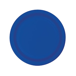 May include: A pack of 10 royal blue paper plates. The plates are round and have a scalloped edge.