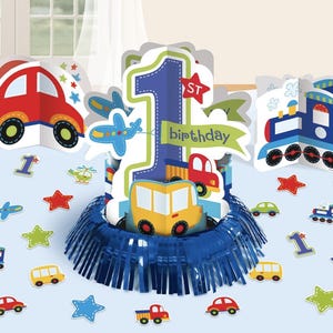 Centro de mesa para primer cumpleaños con transporte: artículos para fiestas de vehículos, tren, decoración de cumpleaños, artículos para fiestas, atascos, autobús, coche y camión.