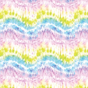 May include: A seamless pattern with a tie-dye design in shades of pink, blue, green, and yellow. The pattern is abstract and resembles waves.