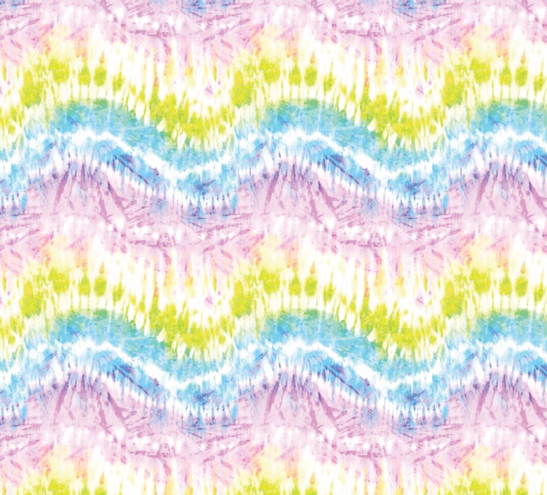 May include: A seamless pattern with a tie-dye design in shades of pink, blue, green, and yellow. The pattern is abstract and resembles waves.