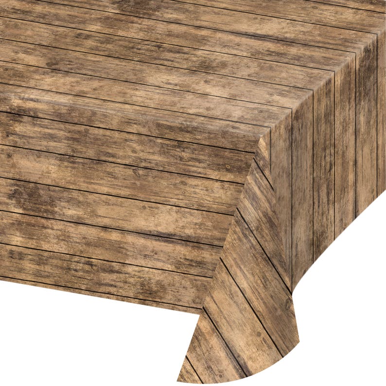 May include: A brown and beige plastic tablecloth with a wood plank pattern. The tablecloth has a diagonal pattern of wood planks.