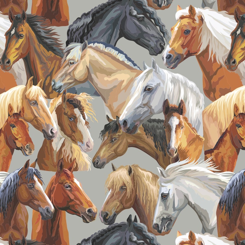 May include: A colorful illustration of a group of horses with different colored coats and manes. The horses are arranged in a circular pattern, with their heads facing outward. The background is a light gray color.