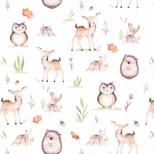 Puede incluir: Una ilustraci&oacute;n de acuarela con un patr&oacute;n sin costuras de animales del bosque, incluyendo ciervos, b&uacute;hos, erizos y p&aacute;jaros. Los animales est&aacute;n representados en un estilo caprichoso con colores suaves y detalles delicados. El patr&oacute;n es perfecto para agregar un toque de naturaleza a cualquier proyecto.