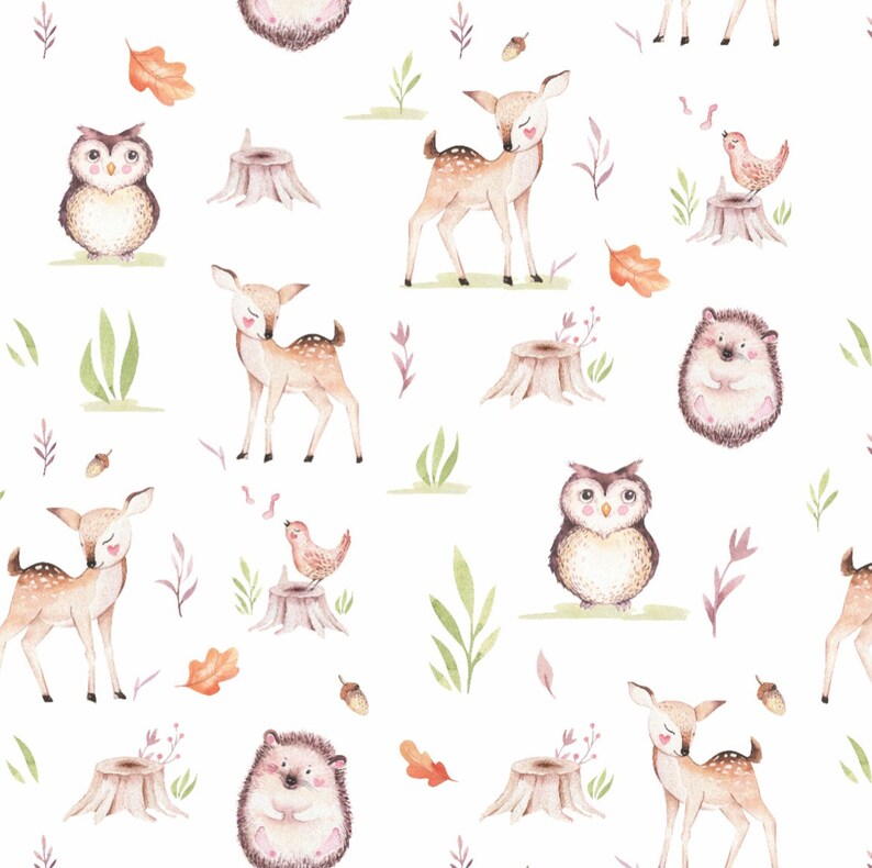 Puede incluir: Una ilustraci&oacute;n de acuarela con un patr&oacute;n sin costuras de animales del bosque, incluyendo ciervos, b&uacute;hos, erizos y p&aacute;jaros. Los animales est&aacute;n representados en un estilo caprichoso con colores suaves y detalles delicados. El patr&oacute;n es perfecto para agregar un toque de naturaleza a cualquier proyecto.