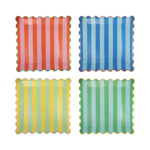 May include: Set of four square paper plates with scalloped edges. Each plate features a different color striped pattern: pink and orange, blue and white, yellow and green, and light blue and green.