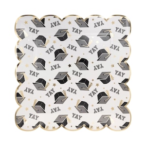 Piatti di carta per la laurea YAY - Piatti quadrati da 10" (8 pezzi) con cappelli da laurea e finiture dorate per la classe del 2025, decorazioni per feste di laurea, stoviglie di carta