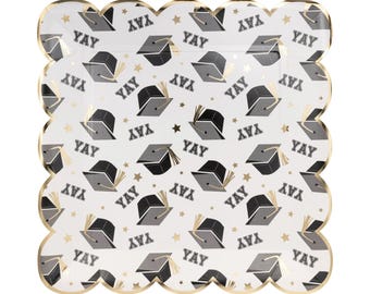 YAY Graduation Paper Plates – 10" Square Plates (8ct) with Grad Caps & Gold Trim for Class of 2026, Grad Party Decorations, Paper Tableware