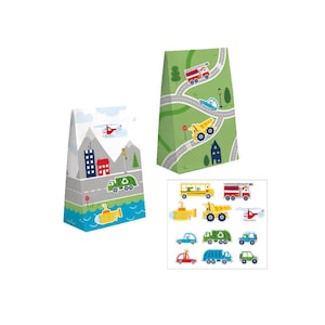 Torby na upominki transportowe, upominki urodzinowe, pojazdy, dekoracje urodzinowe, samochody i ciężarówki, imprezy, rzeczy, które można zabrać, pojemniki na upominki, torby na smakołyki