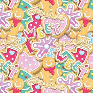 May include: A colorful pattern of gingerbread cookies with various designs, including gingerbread men, snowflakes, and the words "Christmas Sweet".