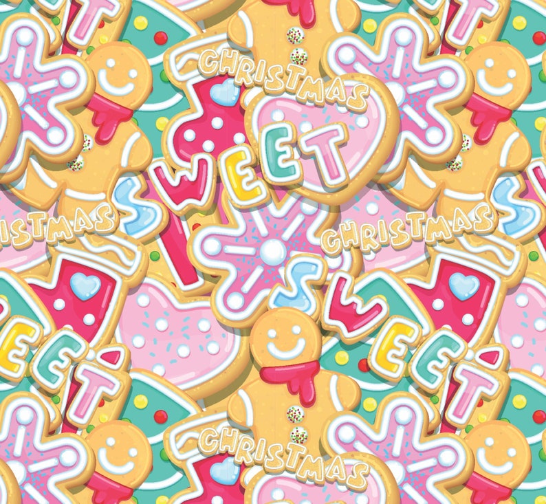 May include: A colorful pattern of gingerbread cookies with various designs, including gingerbread men, snowflakes, and the words "Christmas Sweet".