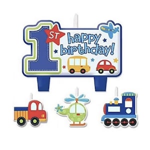 Juego de 4 velas para primer cumpleaños: fiesta de transporte, tren, suministros para fiestas, vehículos, tema de camión, helicóptero, autos, fiesta infantil, atasco de tráfico