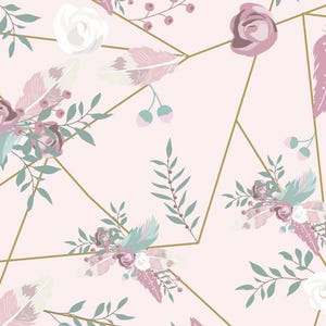 May include: A seamless pattern featuring pink and white flowers, green leaves, and gold geometric shapes on a light pink background. The pattern includes feathers in shades of pink and white.
