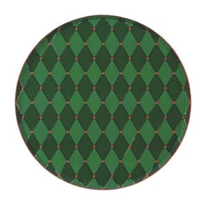 May include: Round decorative tray with a green and dark green diamond pattern, accented with small red dots. The tray has a red border. The design is symmetrical and geometric, suitable for serving or display.