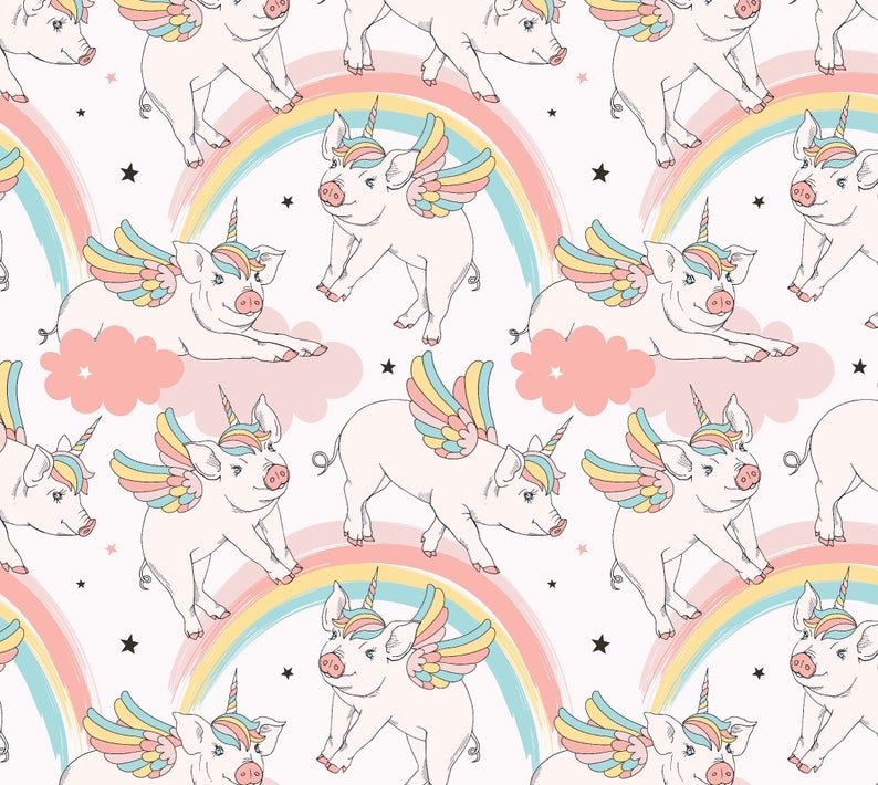 May include: A seamless pattern featuring pink pigs with rainbow wings and horns, flying over rainbows and clouds. The background is white with scattered stars.