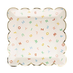 Back to School Alphabet Party Plates 8ct – 10x10 Paper Plates Gold Foil Scalloped Rim Teacher Appreciation Kindergarten Party Kids Preschool
