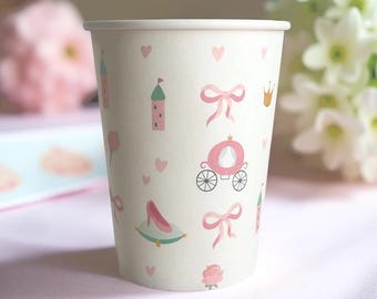 Prinsessenfeestbekers 8 kt, sprookjesachtige verjaardagsbekers, roze papieren prinsessenbekers, feestartikelen kasteelkoets, decor meisjesverjaardag, bekers meisjes, 9oz bekers