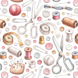 May include: A watercolor illustration of sewing supplies, including spools of thread, buttons, scissors, needles, pins, a thimble, and a measuring tape. The illustration is on a white background.
