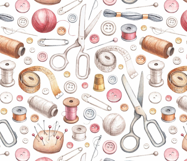 May include: A watercolor illustration of sewing supplies, including spools of thread, buttons, scissors, needles, pins, a thimble, and a measuring tape. The illustration is on a white background.