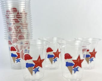 Patriotic Ice Cream Party Cups 24ct 12oz Clear Plastic Red White Blue Summer Birthday 4th of July Americana Theme Stars Independence Day