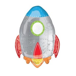 May include: A silver rocket-shaped balloon with a blue top, green window, and red and orange flames.