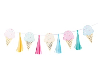 May include: A colorful ice cream cone garland with pastel blue, pink, and yellow ice cream cones with sprinkles. The garland has colorful tassels hanging from it.