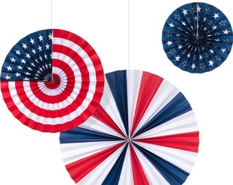 Patriotic Party Paper Fans 3ct - Fourth of July Supplies, USA Flag Fans, Hanging Decoration, Stars & Stripes Party, Americana Birthday Decor