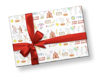 Personalized Circus Gift Wrap – Custom Name Wrapping Paper Colorful Circus Animals Kids Birthday Paper Carnival Big Top Tent Theme