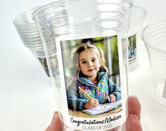 Vasos personalizados para fotos de graduación, vasos de plástico de 473 ml (16 oz) con foto y texto, ideales para fiestas de graduación. Vasos para bebidas frías.
