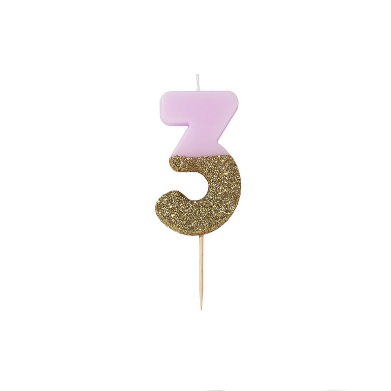 3rd Birthday Candle Age 3 Gold Glitter Candle Three Etsy